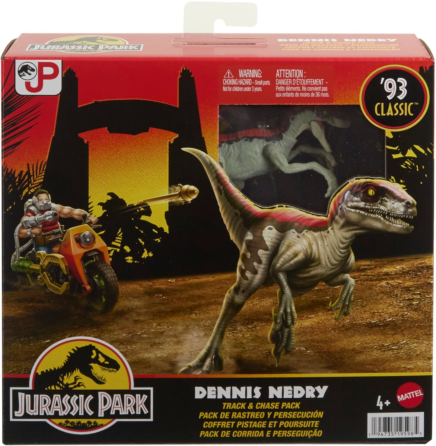 Jurassic Park ¡¯93 Classic Dennis Nedry Action Figure, Motorcycle & Dinosaur Toy Set, 3.75-in Scale