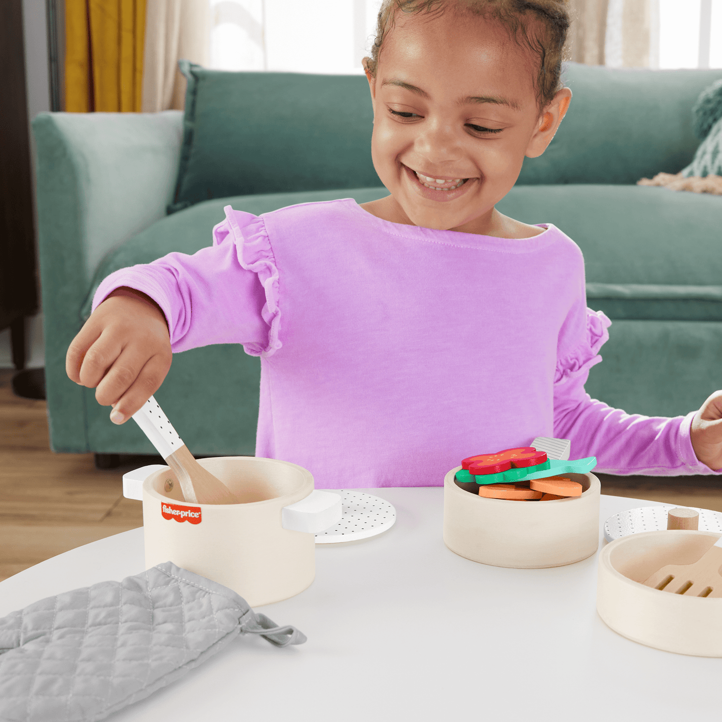 Fisher-Price Coffret Marmite et Casseroles en Bois, 19 ¨¦l¨¦ments